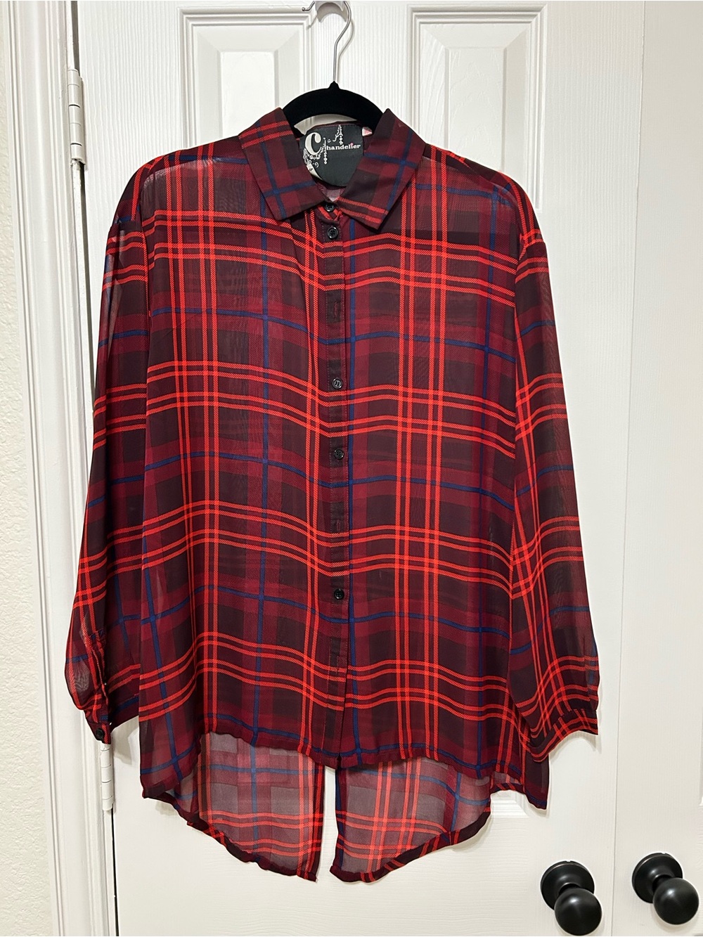 Chandelier Women’s Red Plaid Button Down Sheer Blouse size M 90s